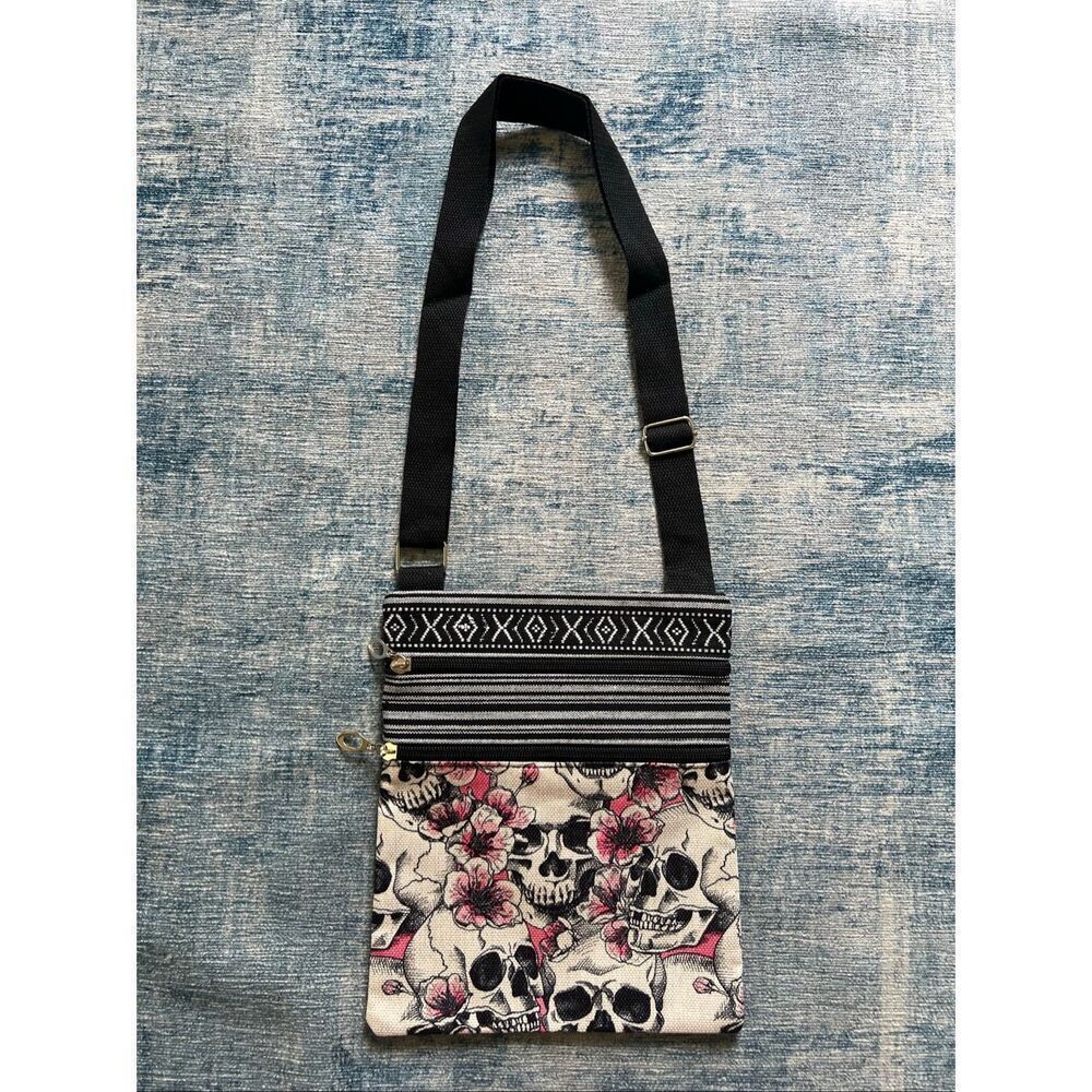 Pink Flower Floral Skull Cotton Canvas Double Pocket Crossbody Shoulder Pouch